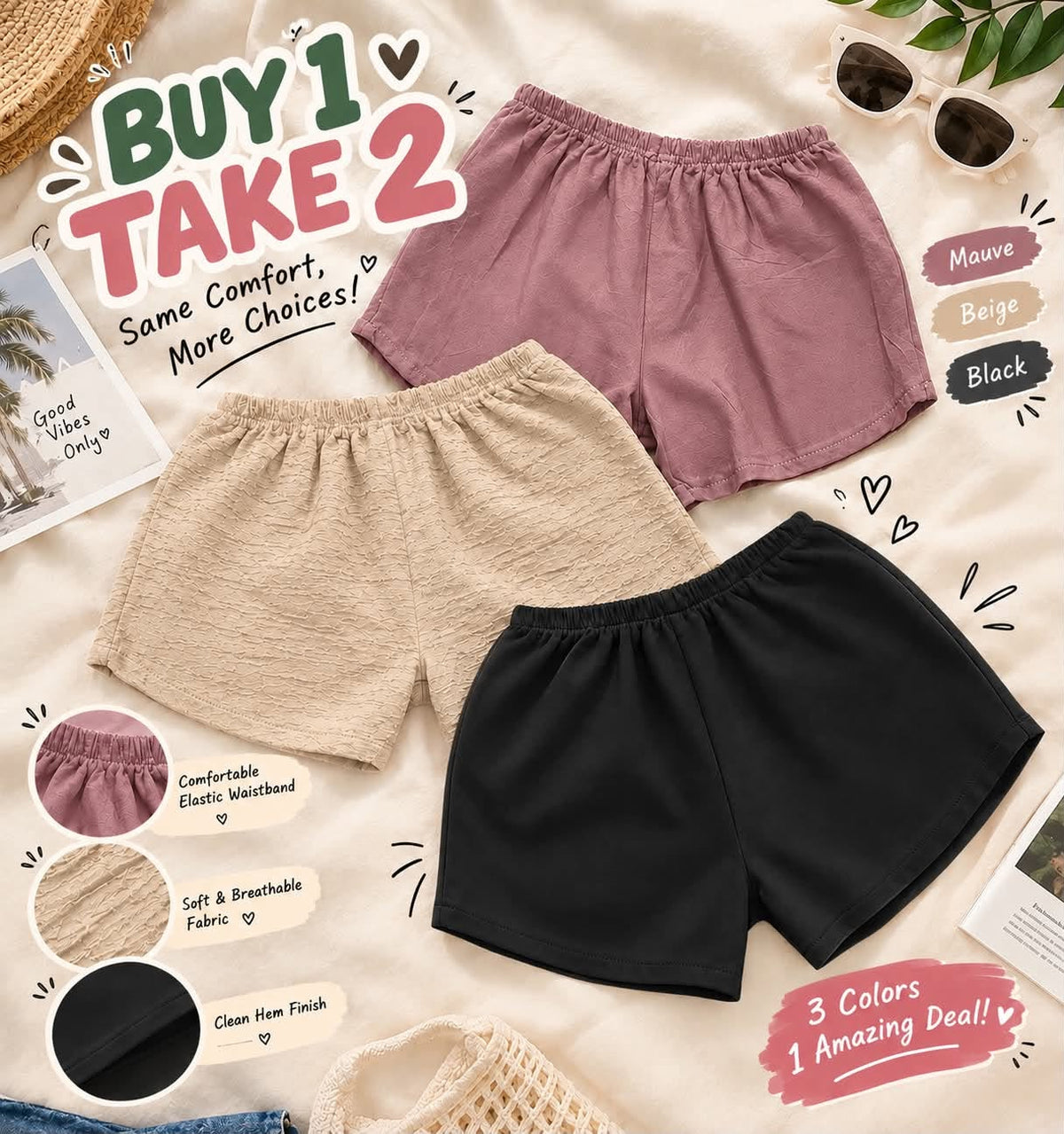 XDM-BUY 1 TAKE 2 Kids Shorts for Girls | Challis, Bark Crepe & Terry Brass Fabric | Best Fit 3–5 Years Old | Comfy & Breathable Toddler Shorts
