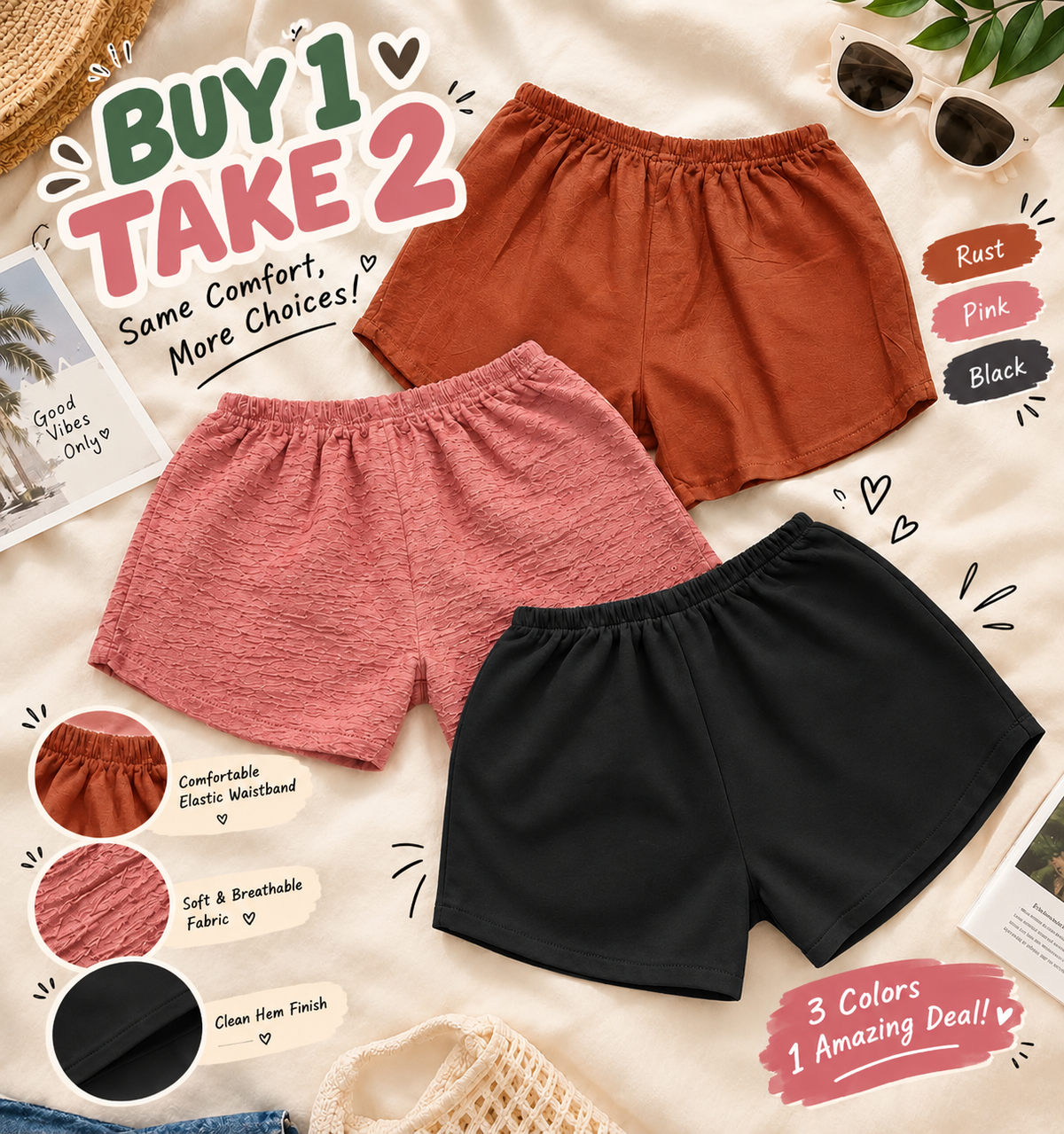 XDM-BUY 1 TAKE 2 Kids Shorts for Girls | Challis, Bark Crepe & Terry Brass Fabric | Best Fit 3–5 Years Old | Comfy & Breathable Toddler Shorts