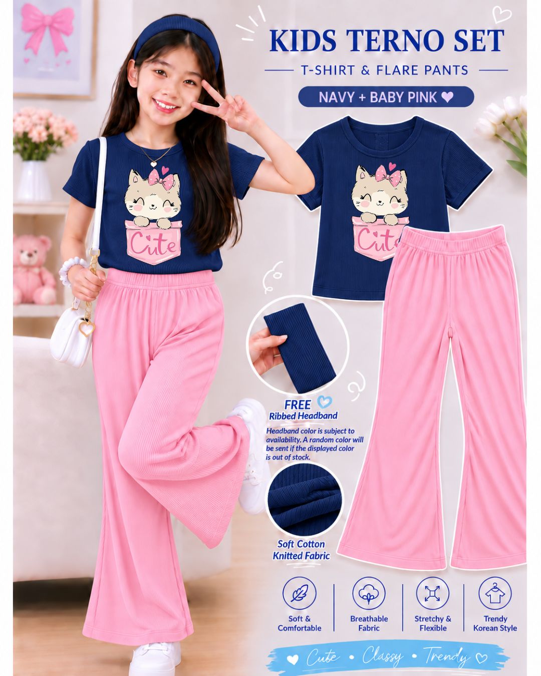 XDM-3in1 Kids Korean Terno Set for Girls | Cotton Knitted Ribbed Top, Flare Pants & Free Headband
