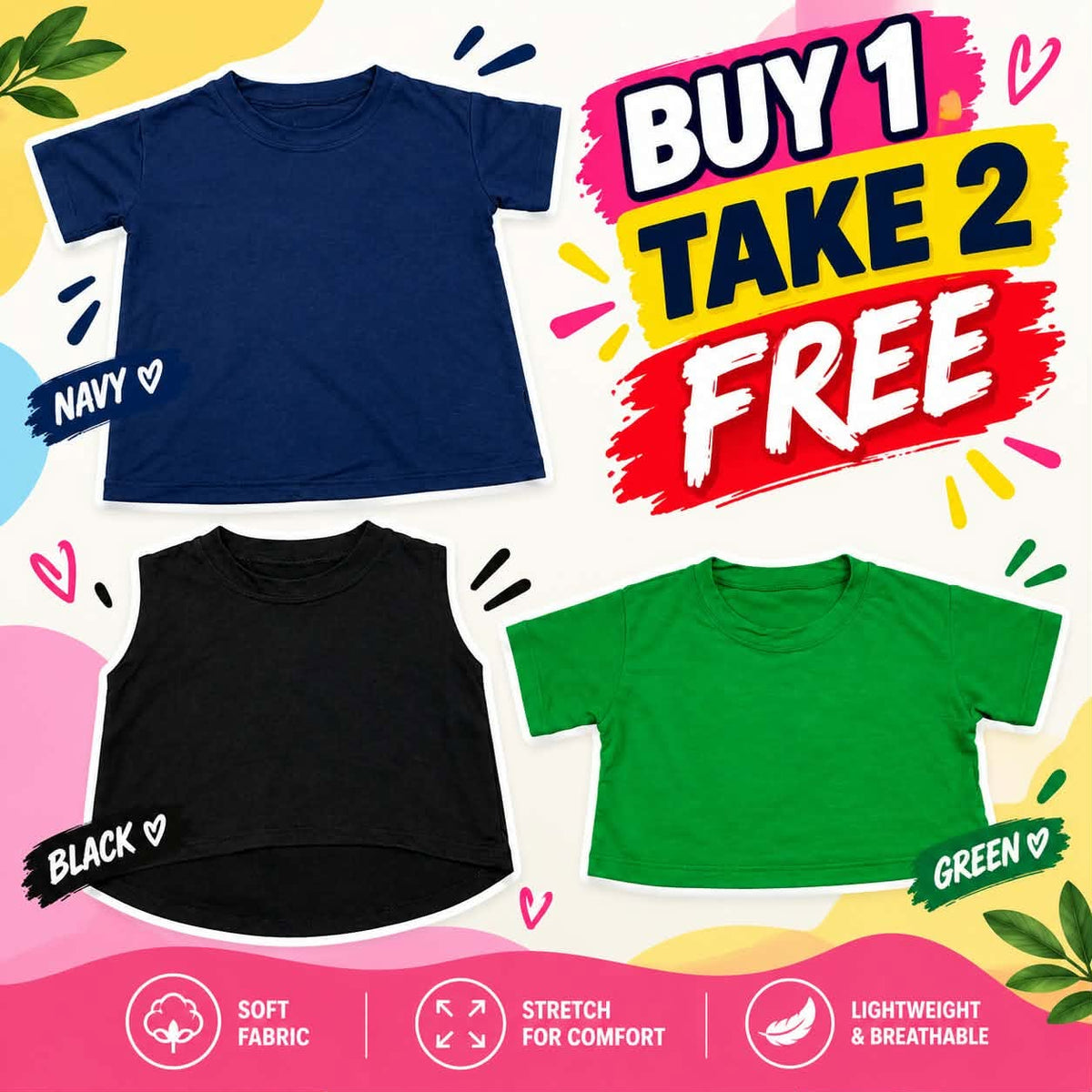 XDM-Kids Cotton Spandex Girls Basic Top  | Soft Stretchy Comfy Outfit | Buy 1 Take 2 Free