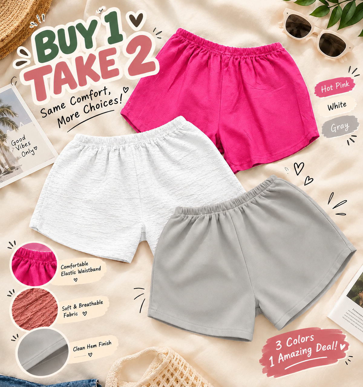 XDM-BUY 1 TAKE 2 Kids Shorts for Girls | Challis, Bark Crepe & Terry Brass Fabric | Best Fit 3–5 Years Old | Comfy & Breathable Toddler Shorts