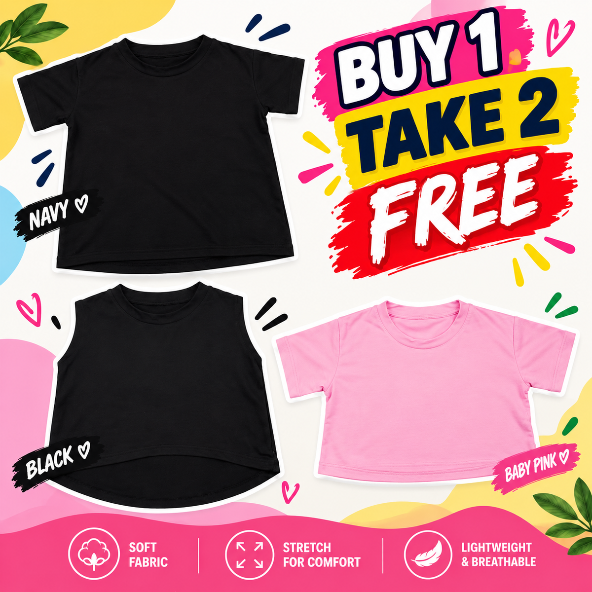 XDM-Kids Cotton Spandex Girls Basic Top  | Soft Stretchy Comfy Outfit | Buy 1 Take 2 Free