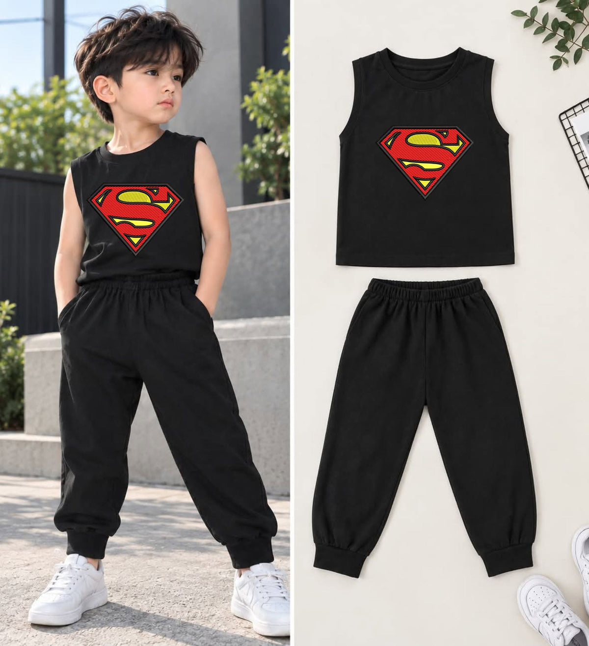 XDM-Ralph Kids Sando & Jogger Set for Boys | Cotton Sando Top + Mini Terry Jogger Pants with Pockets | Best Fit 3–6 Years Old