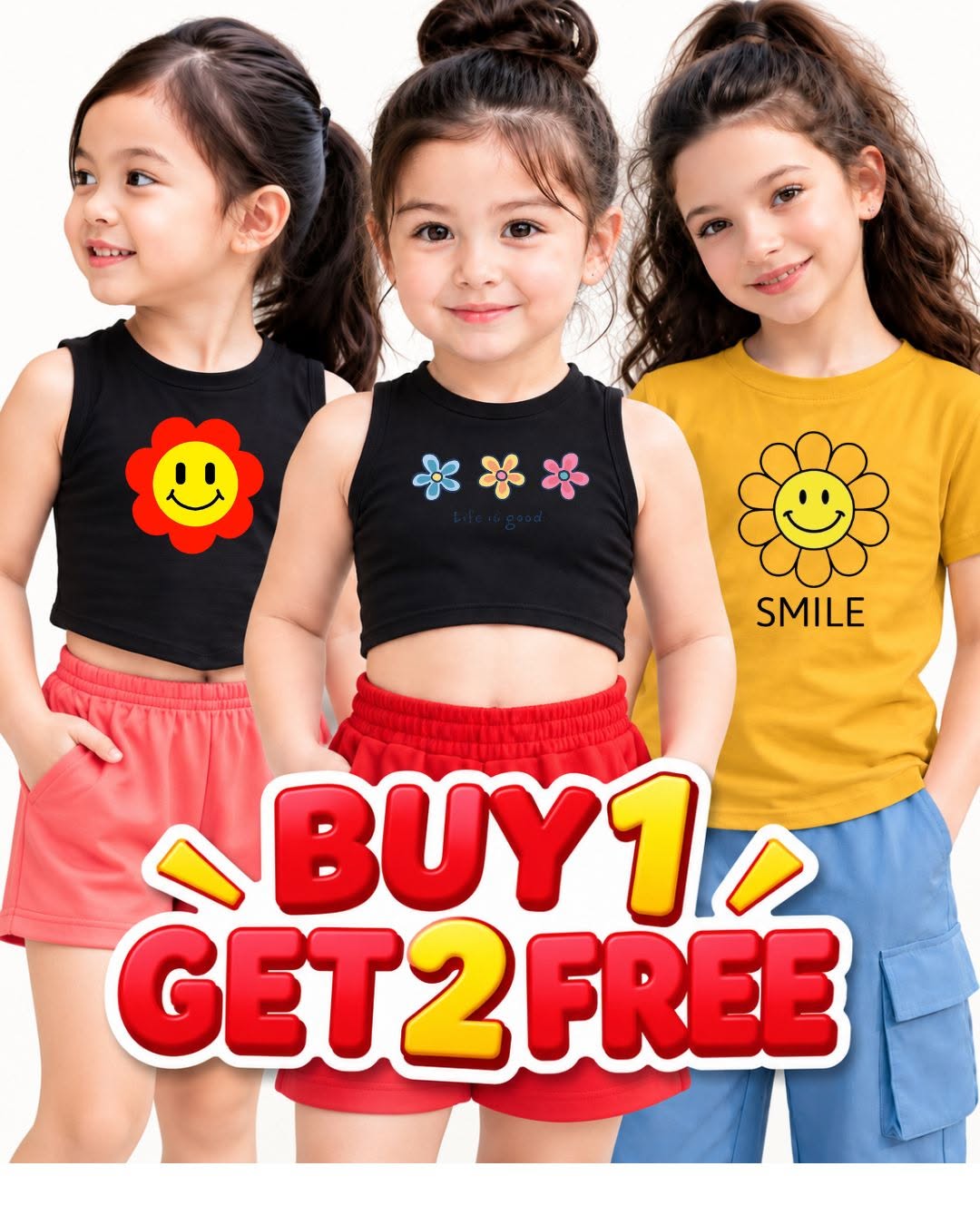 XDM-BUY 1 GET 2 FREE Kids Basic Tops  | Assorted Girls Outfit | Comfy Casual Kidswear