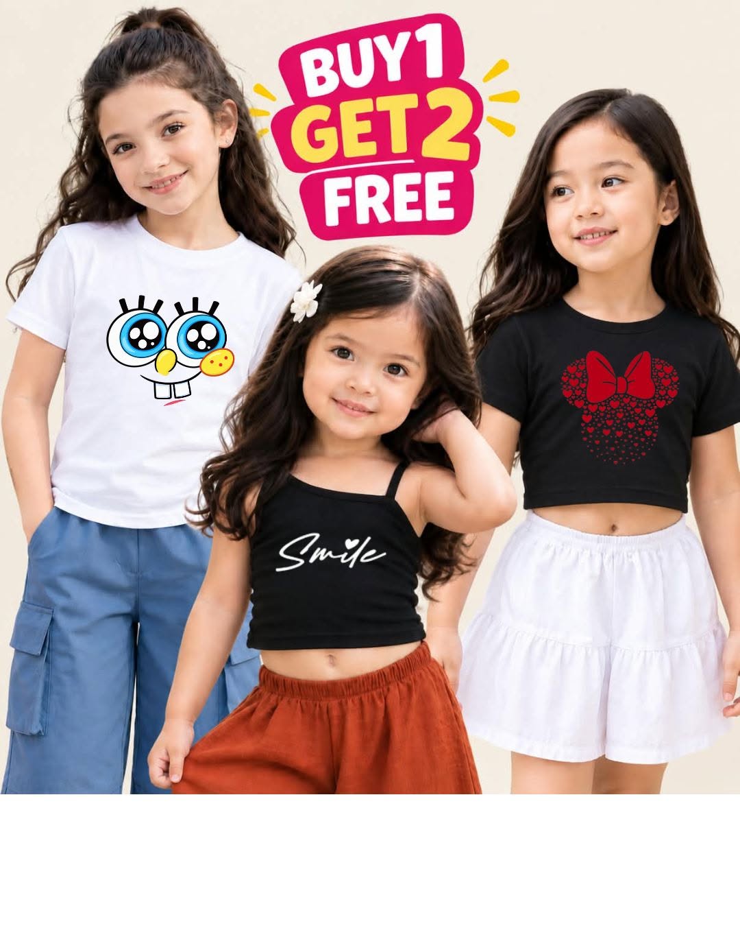 XDM-BUY 1 GET 2 FREE Kids Basic Tops  | Assorted Girls Outfit | Comfy Casual Kidswear