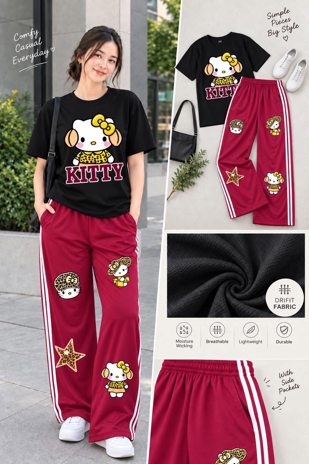 XDM-DRIALYN COORDS Set for Women | Dri-Fit Top + Yonex Wide Leg Pants | Casual Sporty Korean Style | DTF Print