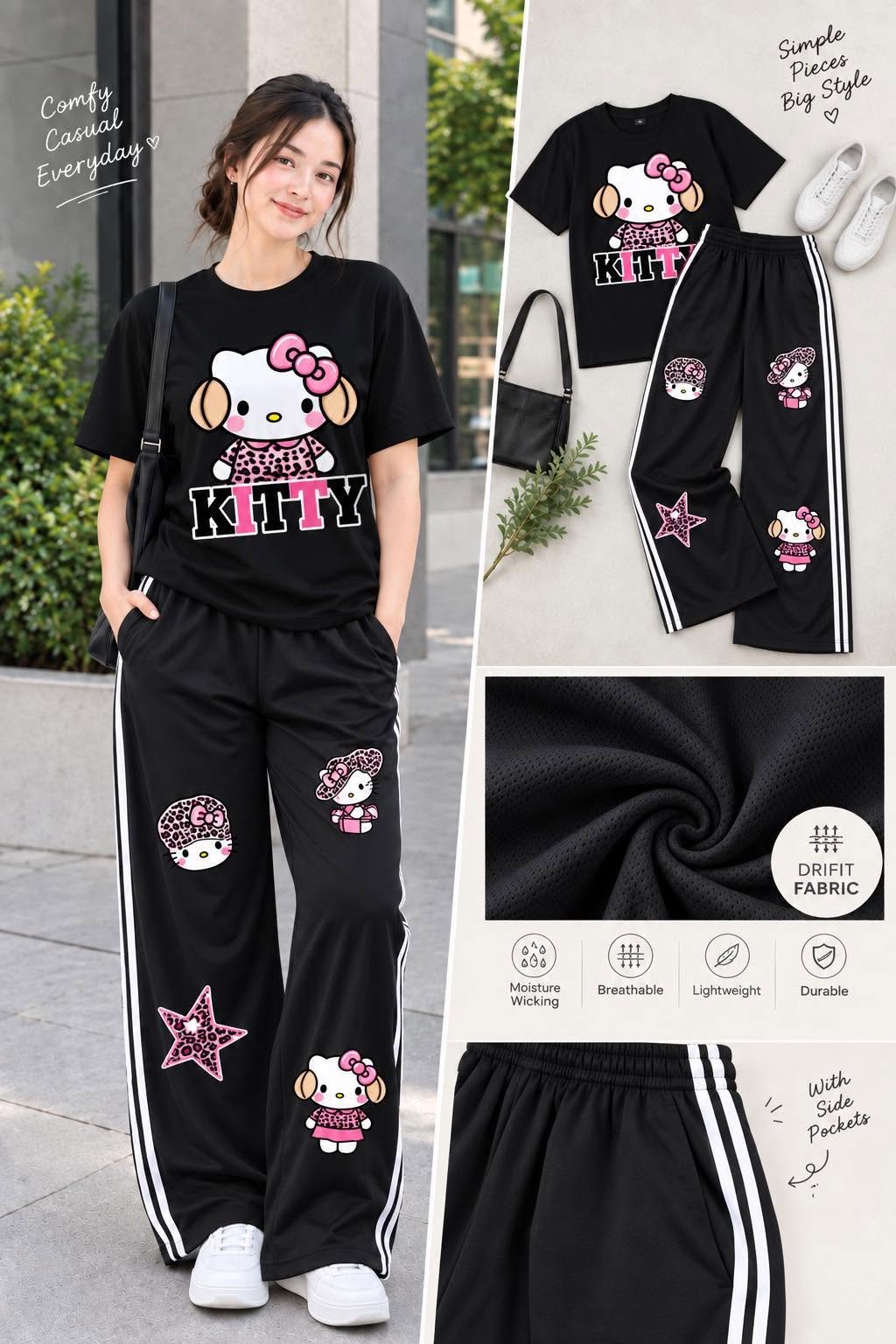 XDM-DRIALYN COORDS Set for Women | Dri-Fit Top + Yonex Wide Leg Pants | Casual Sporty Korean Style | DTF Print