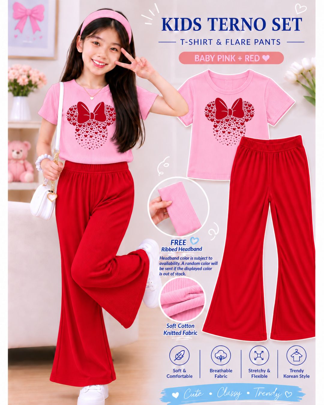 XDM-3in1 Kids Korean Terno Set for Girls | Cotton Knitted Ribbed Top, Flare Pants & Free Headband