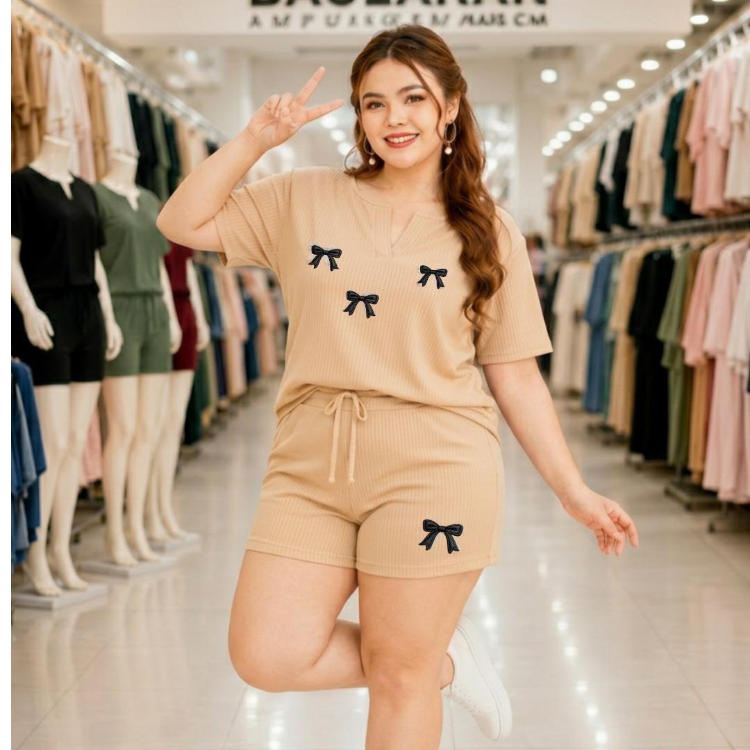 XDM-Plus Size Terno Set Women | Cotton Knitted Rib Top and Shorts