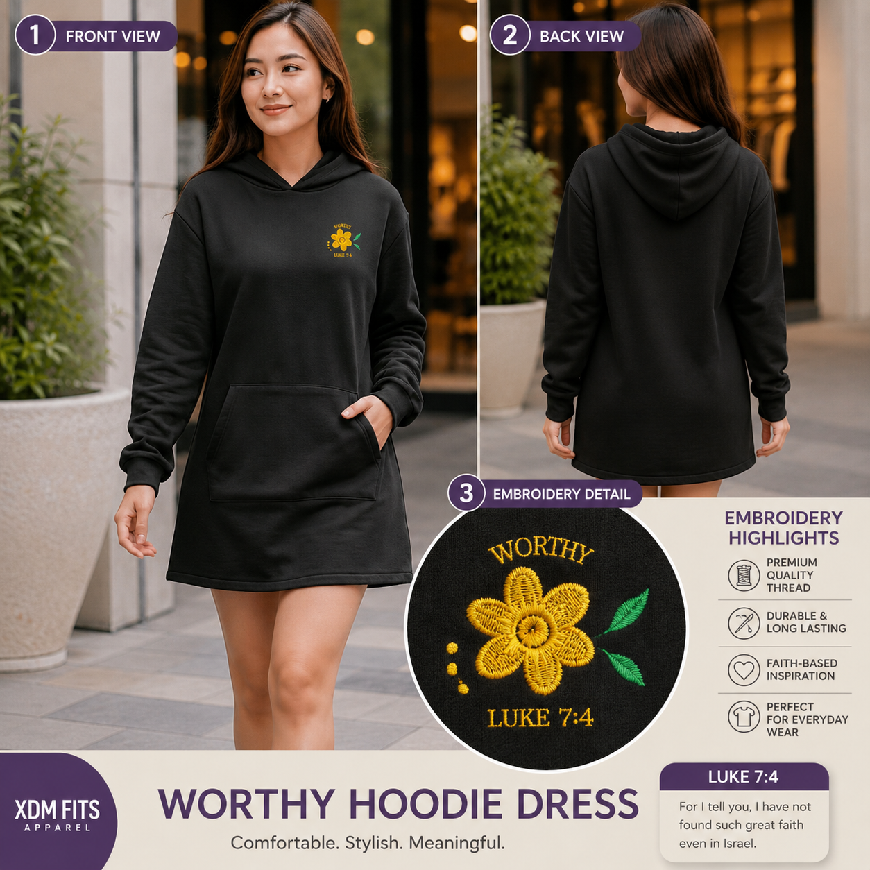 XDMPL-Brave Hoodie Dress with Premium Embroidery | Casual Korean Hoodie Dress