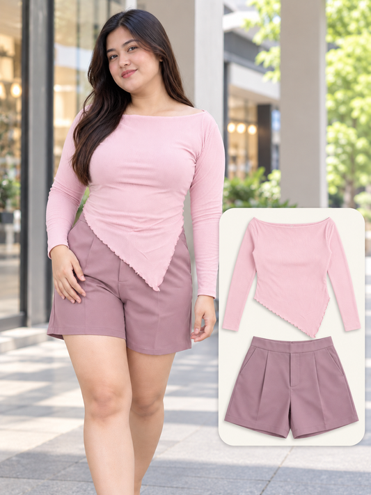 XDM-Women’s Mix & Match Cotton Knitted Asymmetrical Top with Woven High-Waist Shorts | Fits Medium–Large