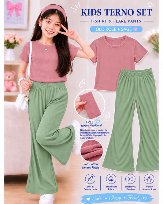XDM-3 PIECE Kids Korean Terno Set for Girls | Soft Cotton Knitted T-Shirt & Flare Pants Co-Ord Set with Free Ribbed Headband