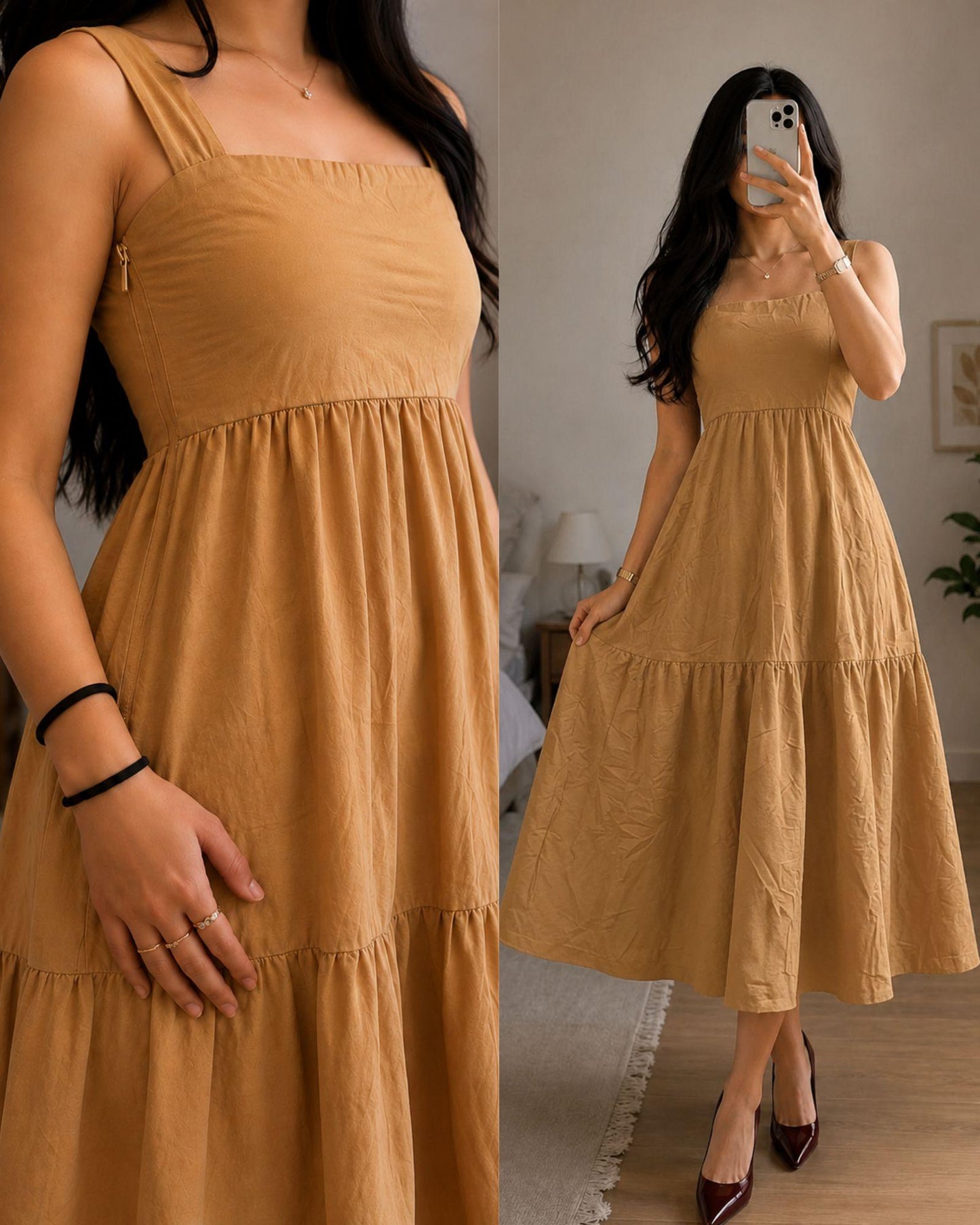 XDM-Elegant Cotton Linen  Midi Dress with Back Zipper | Premium Casual Chic Dress